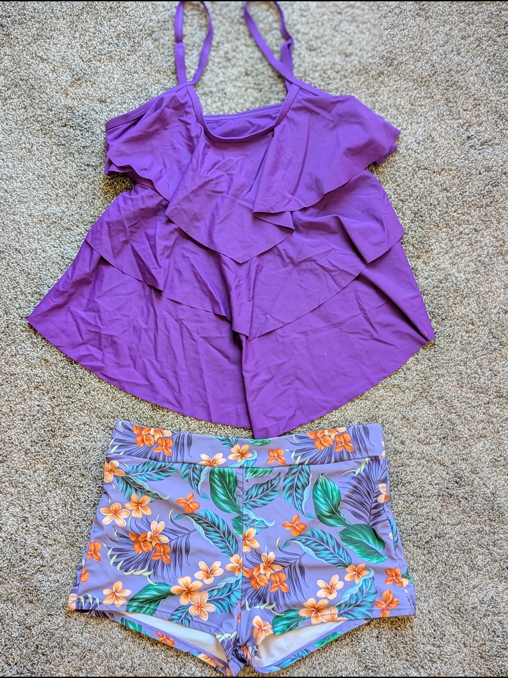 Purple Ruffle Tankini Top and Floral Swim Shorts Set